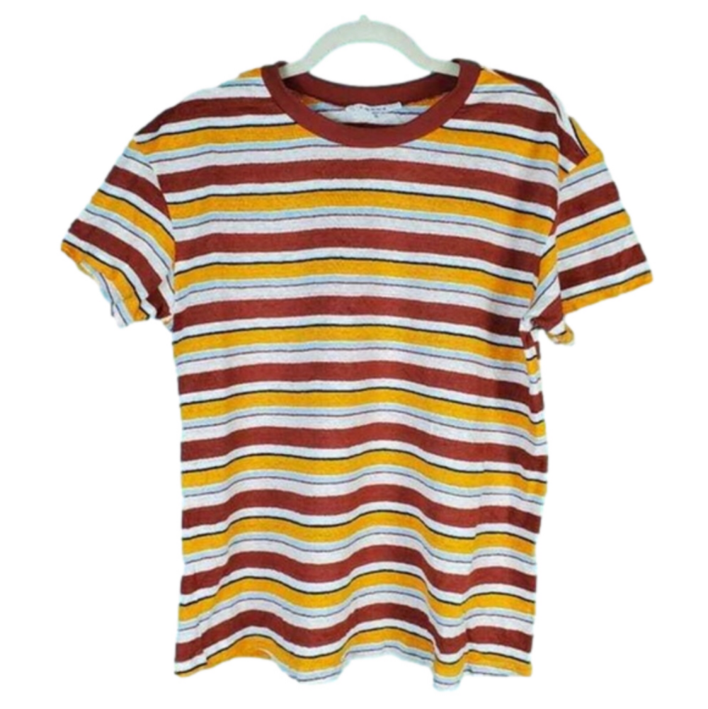 Frame Wear Thin Crew Neck Sunrise Stripe 100% Linen Short Sleeve Top Size Small